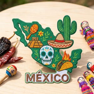 Mexico Embroidered Map Patch – Sugar Skull Cactus Taco Sombrero Travel Souvenir for Jacket Backpack Hat