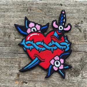 Traditional Tattoo Heart Patch, Sacred Heart Embroidered Iron on, Dagger and Thorns Patch for Jackets, Punk Rock Gothic Aesthetic Badge