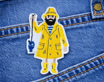 Old Salt Fisherman Patch | Yellow Raincoat Embroidered Iron-On Nautical Coastal Applique