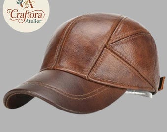 Cowhide Leather Baseball Cap with Ear Flaps | Adjustable Men's Hat