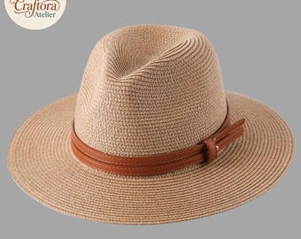 Woven Straw Panama Sun Hat, Wide Brim Summer Vacation Style Hat