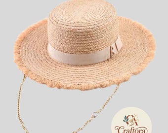 Raffia Straw Sun Hat – Wide Brim Beach Travel Hat with Metal Detail