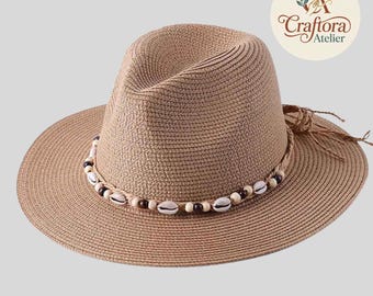 Straw Sun Hat with Shell Detail – Wide Brim Panama Style Beach Hat