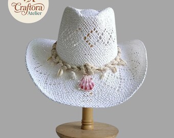 Woven Straw Sun Hat with Shell Decoration, Wide Brim Beach Holiday Hat