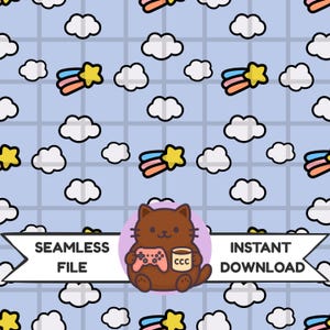May include: Seamless digital file with a repeating pattern of white clouds, shooting stars, and a brown cat holding a game controller and a mug. The background is a light blue grid.