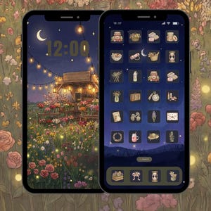 Cottagecore Spring App Icons + Meadow Widget, Wandering Florist Day Night Phone Theme, IOS & Android
