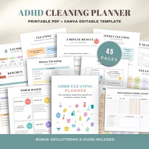 ADHD Cleaning Planner Bundle Printable, Declutter Checklist Chore Chart, Editable Canva Template