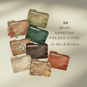 May include: A watercolour illustration of 30 wooden desktop folder icons for Mac & Windows. The folders are in various colours, including green, brown, and beige, with decorative elements like strawberries, bees, and a checkmark. The text on the image reads "30 Wooden Desktop Folder Icons for Mac & Windows."