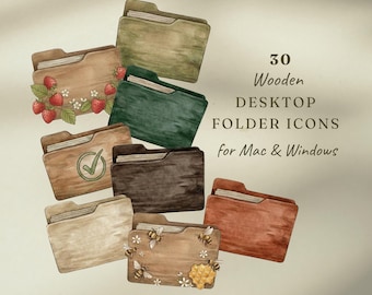 Cottagecore Desktop Folder Icons for Mac & Windows, 30 Wooden Designs