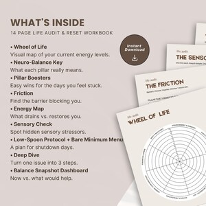 A life audit and reset workbook with the title "What's Inside" and "14 Page Life Audit & Reset Workbook". The workbook includes sections on the Wheel of Life, Neuro-Balance Key, Pillar Boosters, Friction, Energy Map, Sensory Check, and more. A button says "Instant Download".