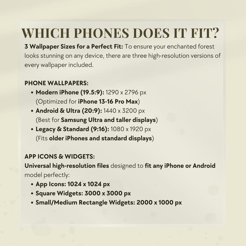 A cream-colored graphic with the text "WHICH PHONES DOES IT FIT?" lists phone wallpaper and app icon sizes. Includes Modern iPhone, Android & Ultra, and Legacy & Standard sizes. Also lists app icon and widget sizes.