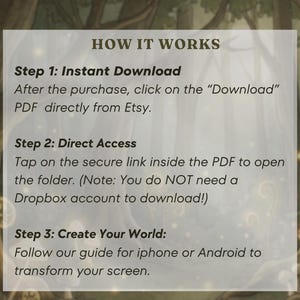3-step setup guide for cottagecore app icon pack,  instant download, one-click folder access, compatible with iOS and Android.