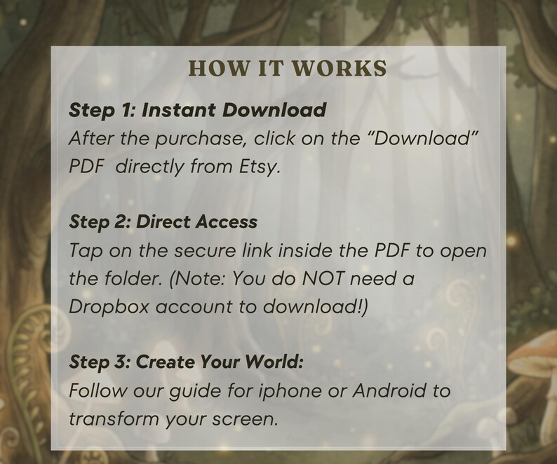 3-step setup guide for cottagecore app icon pack,  instant download, one-click folder access, compatible with iOS and Android.