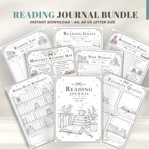 Puede incluir: Un paquete de diarios de lectura imprimibles con varios diseños, incluyendo un registro de lectura, objetivos y una lista de deseos. Los diarios están ilustrados con dibujos de libros, tazas de té y elementos decorativos. El texto "Reading Journal Bundle" está en la parte superior.
