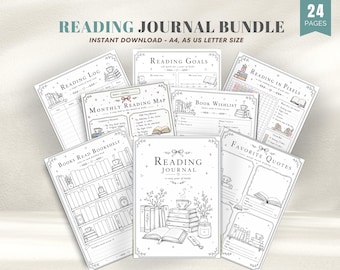 Reading Journal Printable Planner Bundle, Reading Tracker, Book Tracker, Bookshelf Challenge PDF