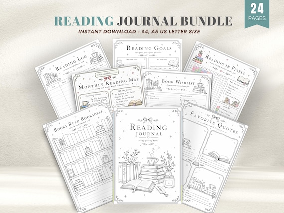 Reading Journal Printable Planner Bundle, Reading Tracker, Book Tracker, Bookshelf Challenge PDF