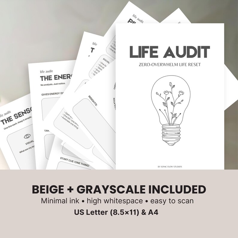 A stack of white paper sheets with the text "LIFE AUDIT" and "ZERO-OVERWHELM LIFE RESET" printed in black. The design includes a lightbulb with floral elements. Additional sheets feature text and diagrams. The bottom text reads "BEIGE + GRAYSCALE INCLUDED".