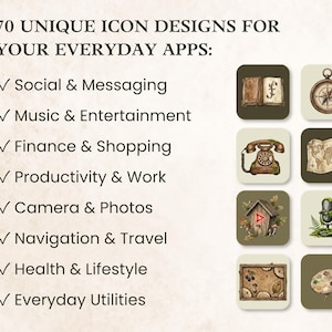 May include: A digital collection of 70 unique icon designs for everyday apps, featuring categories like Social & Messaging, Music & Entertainment, and Finance & Shopping. The icons display illustrations of a book, compass, phone, map, and more.