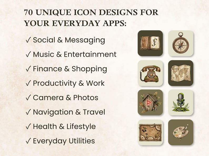 May include: A digital collection of 70 unique icon designs for everyday apps, featuring categories like Social & Messaging, Music & Entertainment, and Finance & Shopping. The icons display illustrations of a book, compass, phone, map, and more.