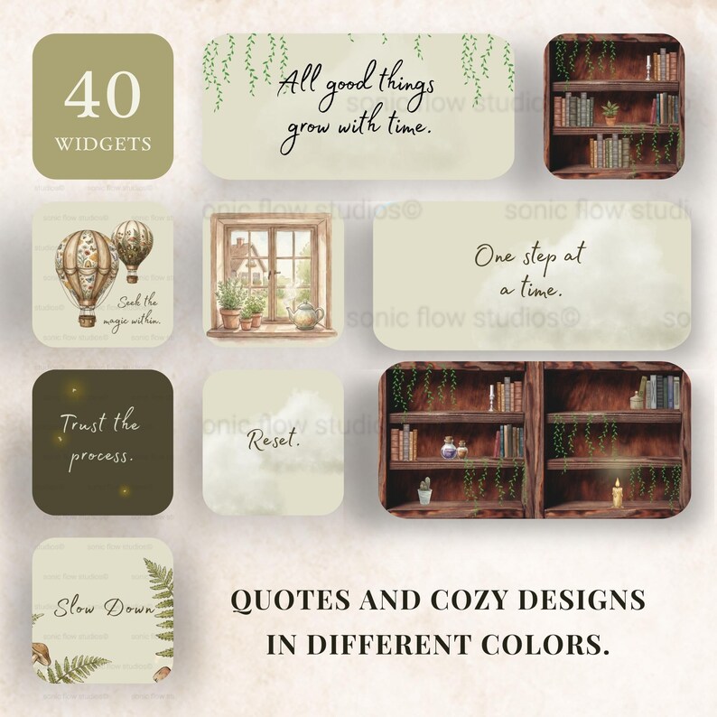 40 Custom widgets for iPhone and android in a cozy cottagecore style with quotes, botanical patterns.
