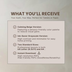 A beige and white graphic with the text "WHAT YOU'LL RECEIVE". The text describes a digital product with a calming beige version, an ink-saver grayscale version, two standard sizes, and instant download of high-resolution PDFs.