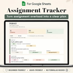 May include: A digital assignment tracker for Google Sheets displayed on a laptop screen. The interface features sections for overdue, due soon, and completed tasks, with specific fields for lab safety quiz and seminar prep notes details.