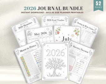 2026 Printable Planner, Coloring Journal Bundle, Habit Tracker, Budget Tracker, Mood Tracker, Reading Tracker, Self Care Journal