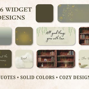 May include: A collection of 36 digital widget designs featuring solid dark green squares, gradient backgrounds with light sparkles, and rectangular panels displaying text like All good things grow with time, Trust the process, Reset, and Slow Down.