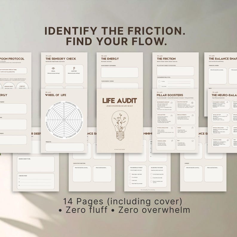 A collection of beige and white printable worksheets with the text "IDENTIFY THE FRICTION. FIND YOUR FLOW." The central worksheet is titled "LIFE AUDIT" with a lightbulb graphic. The image also includes the text "14 Pages (including cover) • Zero fluff • Zero overwhelm."