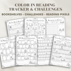 A set of black and white reading tracker and challenge printables. Designs include bookshelves, an A-Z reading challenge, and a reading pixels tracker. Text includes "Color in Reading Tracker & Challenges".