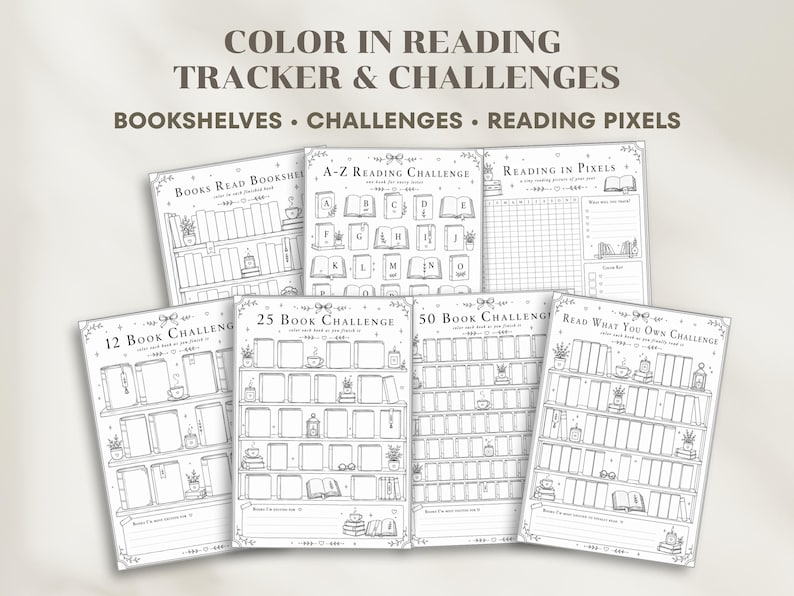 A set of black and white reading tracker and challenge printables. Designs include bookshelves, an A-Z reading challenge, and a reading pixels tracker. Text includes "Color in Reading Tracker & Challenges".