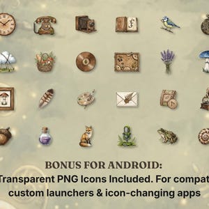 May include: A collection of digital icons featuring illustrations of a clock, telephone, camera, book, bird, pocket watch, cloud, basket, record, frame, lavender, mushroom, feather, palette, envelope, film, gramophone, acorn, potion, fox, microphone, frog, and snail.