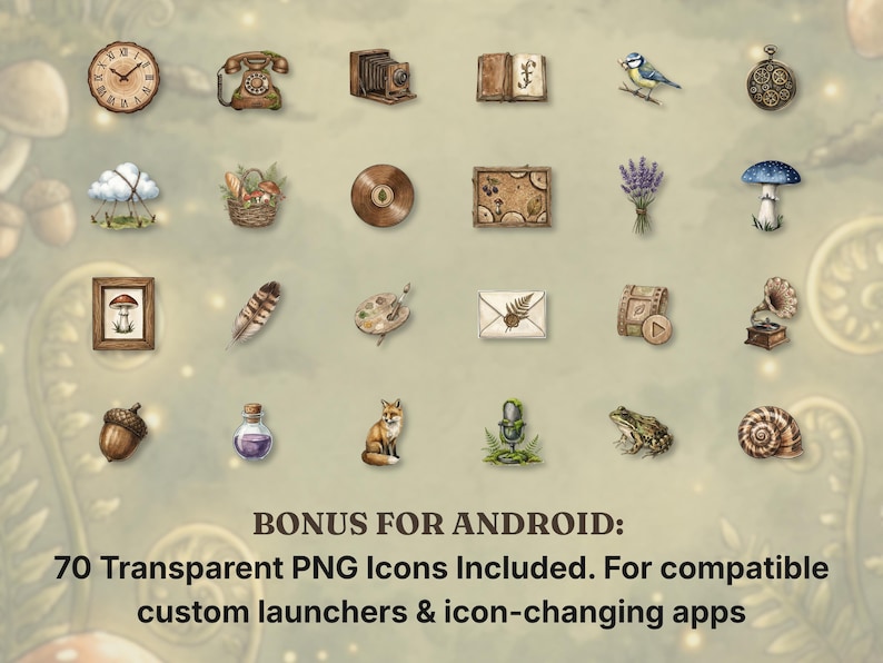 May include: A collection of digital icons featuring illustrations of a clock, telephone, camera, book, bird, pocket watch, cloud, basket, record, frame, lavender, mushroom, feather, palette, envelope, film, gramophone, acorn, potion, fox, microphone, frog, and snail.
