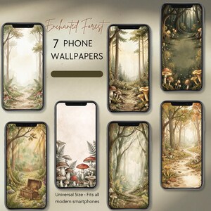 May include: Seven digital phone wallpapers featuring enchanted forest scenes with trees, winding paths, ferns, and mushrooms. The text reads Enchanted Forest 7 PHONE WALLPAPERS and Universal Size - Fits all modern smartphones. The color palette is earthy.