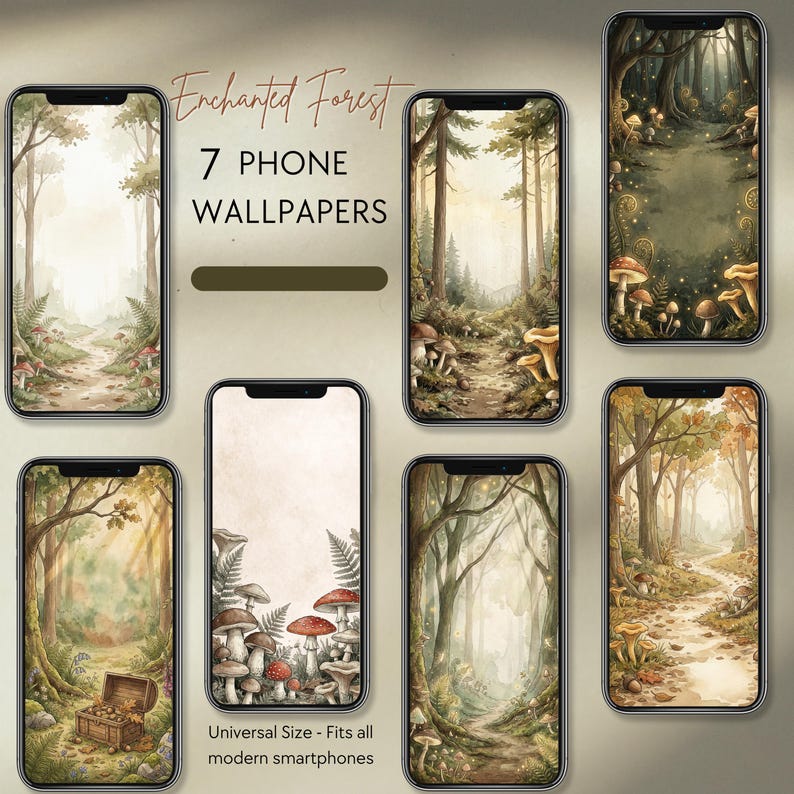 May include: Seven digital phone wallpapers featuring enchanted forest scenes with trees, winding paths, ferns, and mushrooms. The text reads Enchanted Forest 7 PHONE WALLPAPERS and Universal Size - Fits all modern smartphones. The color palette is earthy.