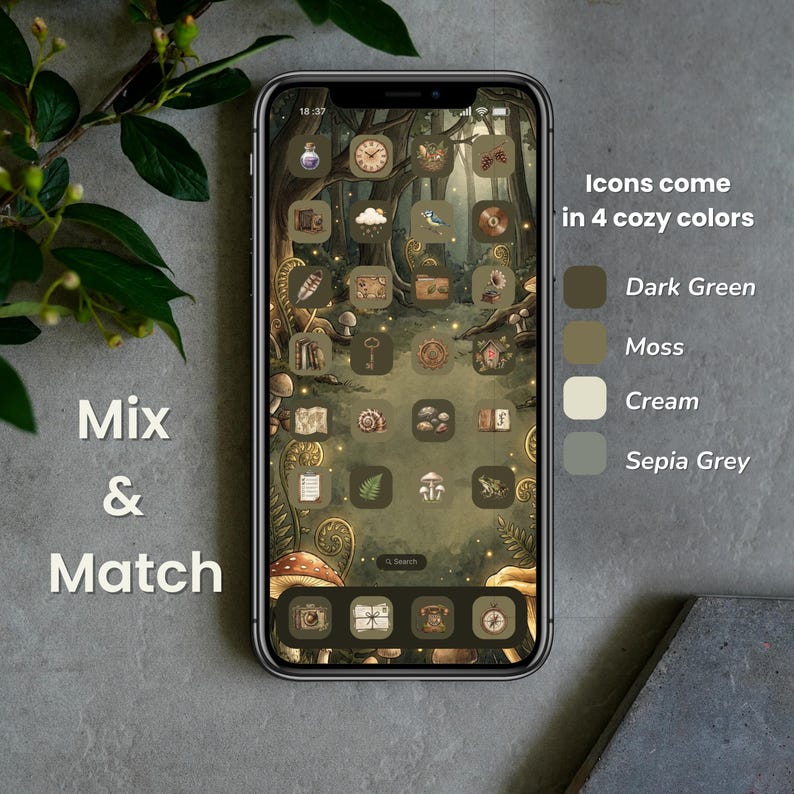 A smartphone screen shows a forest-themed app icon set in dark green, moss, cream, and sepia grey. The screen displays a forest scene with mushrooms and trees. Text on the screen says "Mix & Match" and "Icons come in 4 cozy colours."