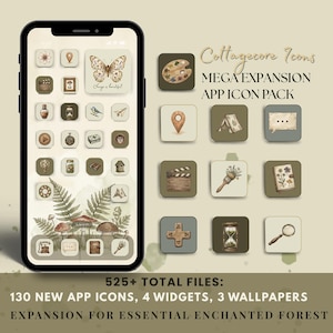 Puede incluir: Un teléfono inteligente muestra un tema Cottagecore con iconos de aplicaciones, una mariposa y el texto "Change is beautiful". La imagen incluye un MEGA EXPANSION APP ICON PACK con más de 525 archivos en total, incluyendo 130 nuevos iconos de aplicaciones, 4 widgets y 3 fondos de pantalla.