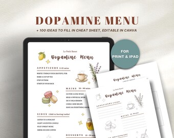 Dopamine Menu Template Printable for ADHD, Editable in Canva, 100+ Ideas Cheat Sheet
