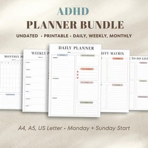 May include: A digital ADHD planner bundle featuring multiple printable pages including a daily planner, weekly planner, monthly planner, priority matrix, and to-do list. The pages have black text on white backgrounds with muted colored accents for organization.
