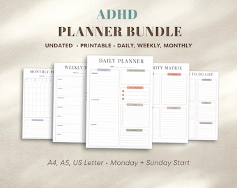 ADHD Planner Printable Bundle, Daily Weekly Monthly Planner, Undated To Do List, Priority Matrix, A4, A5, US Letter PDF