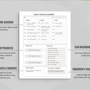 Daily Focus Planner Printable for ADHD, Task Breakdown & Time Blocking, A4 + US Letter image 2