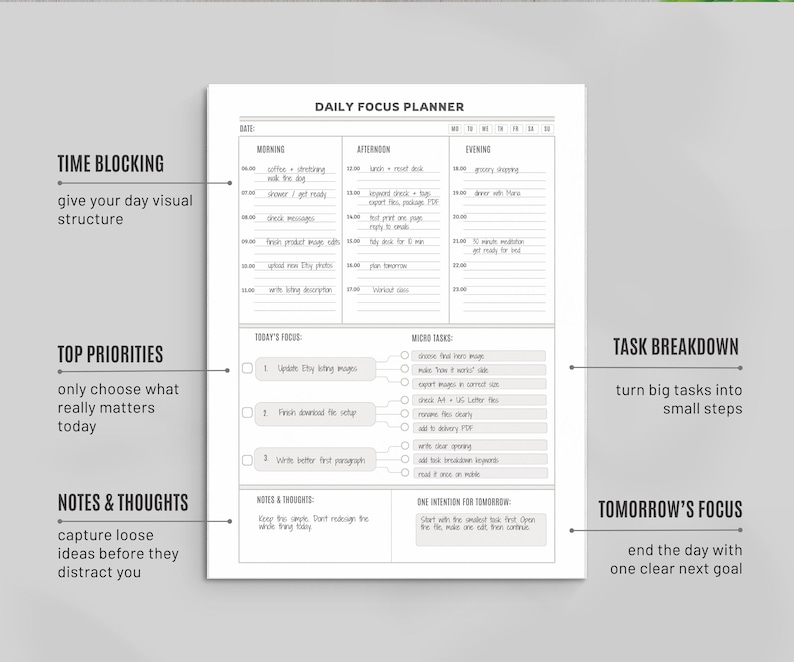 Daily Focus Planner Printable for ADHD, Task Breakdown & Time Blocking, A4 + US Letter image 2