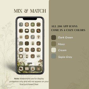 A smartphone screen displays app icons in a cozy, vintage aesthetic. The icons are in shades of green, brown, and cream. Text on the image reads "MIX & MATCH" and "ALL 200 APP ICONS COME IN 4 COZY COLORS: Dark Green, Moss, Cream, Sepia Grey."