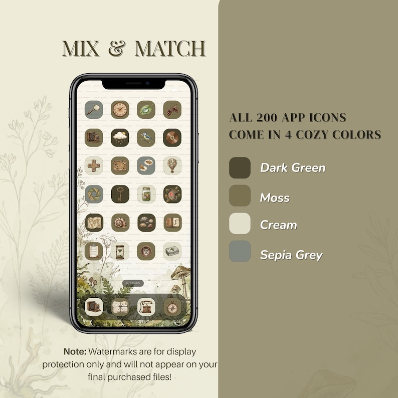 A smartphone screen displays app icons in a cozy, vintage aesthetic. The icons are in shades of green, brown, and cream. Text on the image reads "MIX & MATCH" and "ALL 200 APP ICONS COME IN 4 COZY COLORS: Dark Green, Moss, Cream, Sepia Grey."