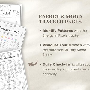 May include: Three white pages with botanical illustrations and text for mood and energy tracking. The pages include a "Mood + Energy Check-In", "Energy in Pixels", and a "31-Day Mood Bloom" chart. The text on the right side says "ENERGY & MOOD TRACKER PAGES".
