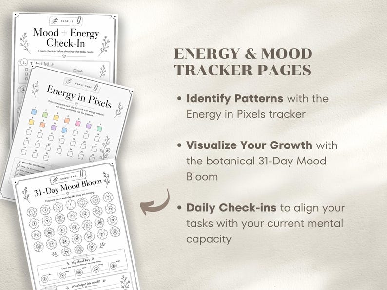 May include: Three white pages with botanical illustrations and text for mood and energy tracking. The pages include a "Mood + Energy Check-In", "Energy in Pixels", and a "31-Day Mood Bloom" chart. The text on the right side says "ENERGY & MOOD TRACKER PAGES".