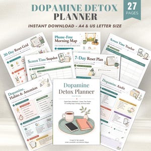 May include: A Dopamine Detox Planner with 27 pages, including a cover page and various tracking sheets like a 30-Day Reset Grid, Screen Time Tracker, and Dopamine Audit. The cover features a tray with a mug, notebook, and smartphone.