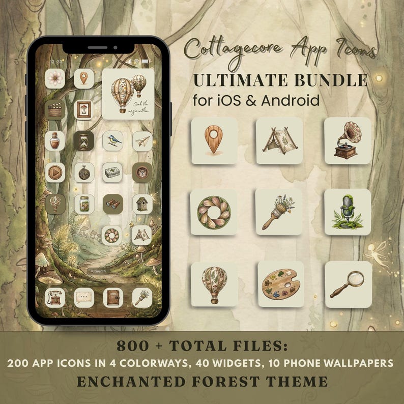 200 Cottagecore App Icons Pack | Enchanted Forest iPhone & Android Phone Theme + Wallpapers image 1