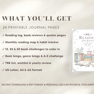 A digital printable reading journal with a floral design. The journal includes reading logs, book reviews, habit trackers, and challenges. The image also lists the journal's features and formats.