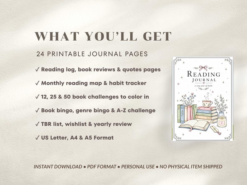 A digital printable reading journal with a floral design. The journal includes reading logs, book reviews, habit trackers, and challenges. The image also lists the journal's features and formats.